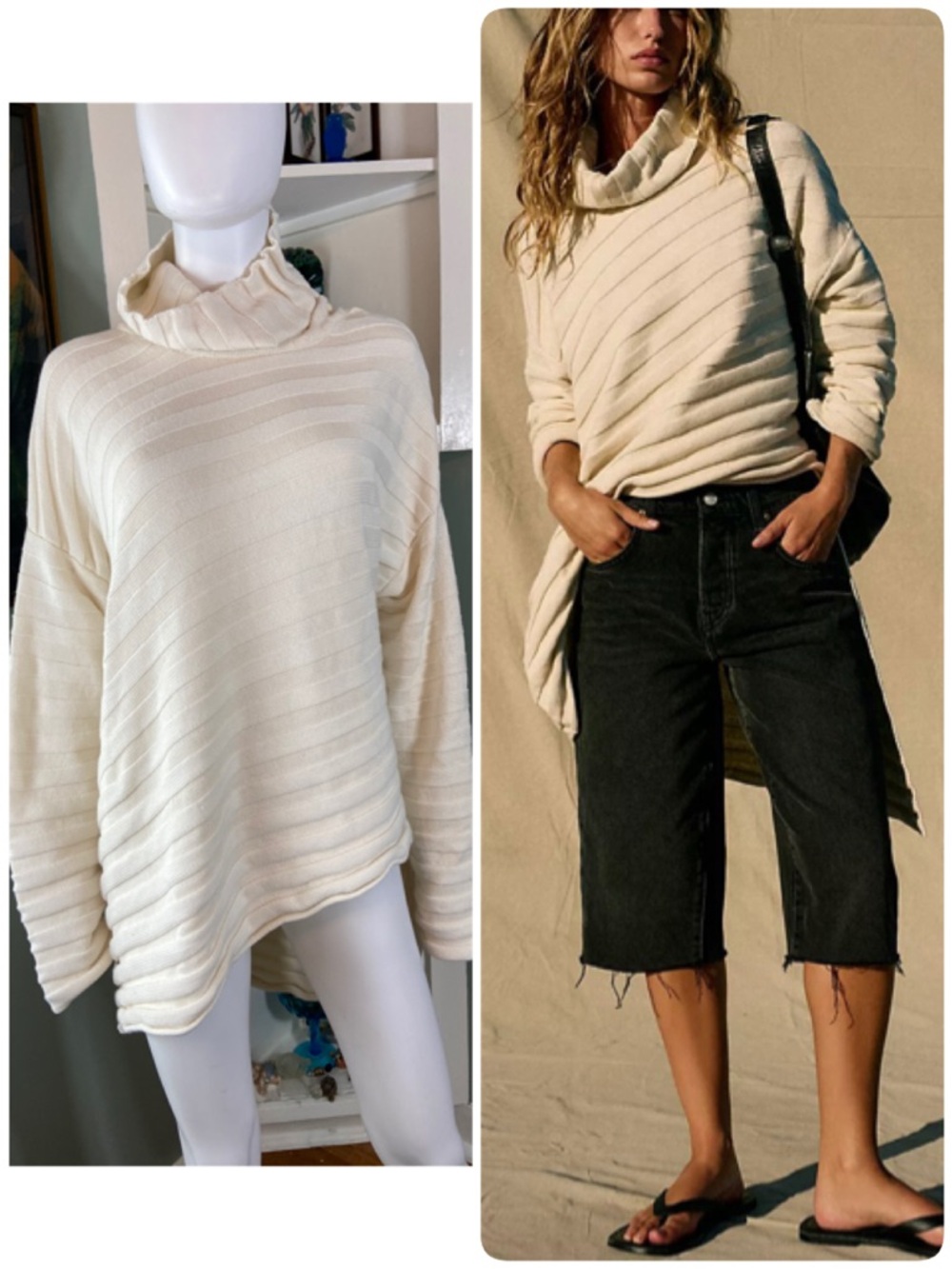FP Free People Beach Versa Cream Ribbed Cowl Neck Asymmetrical Sweater Tunic M